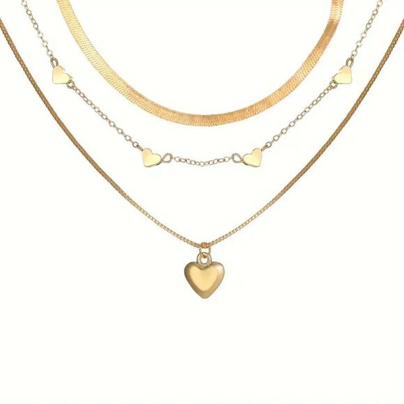 Layered Gold Heart Pendant Necklace, Stainless Steel Choker Chain layered - Picture 7 of 7